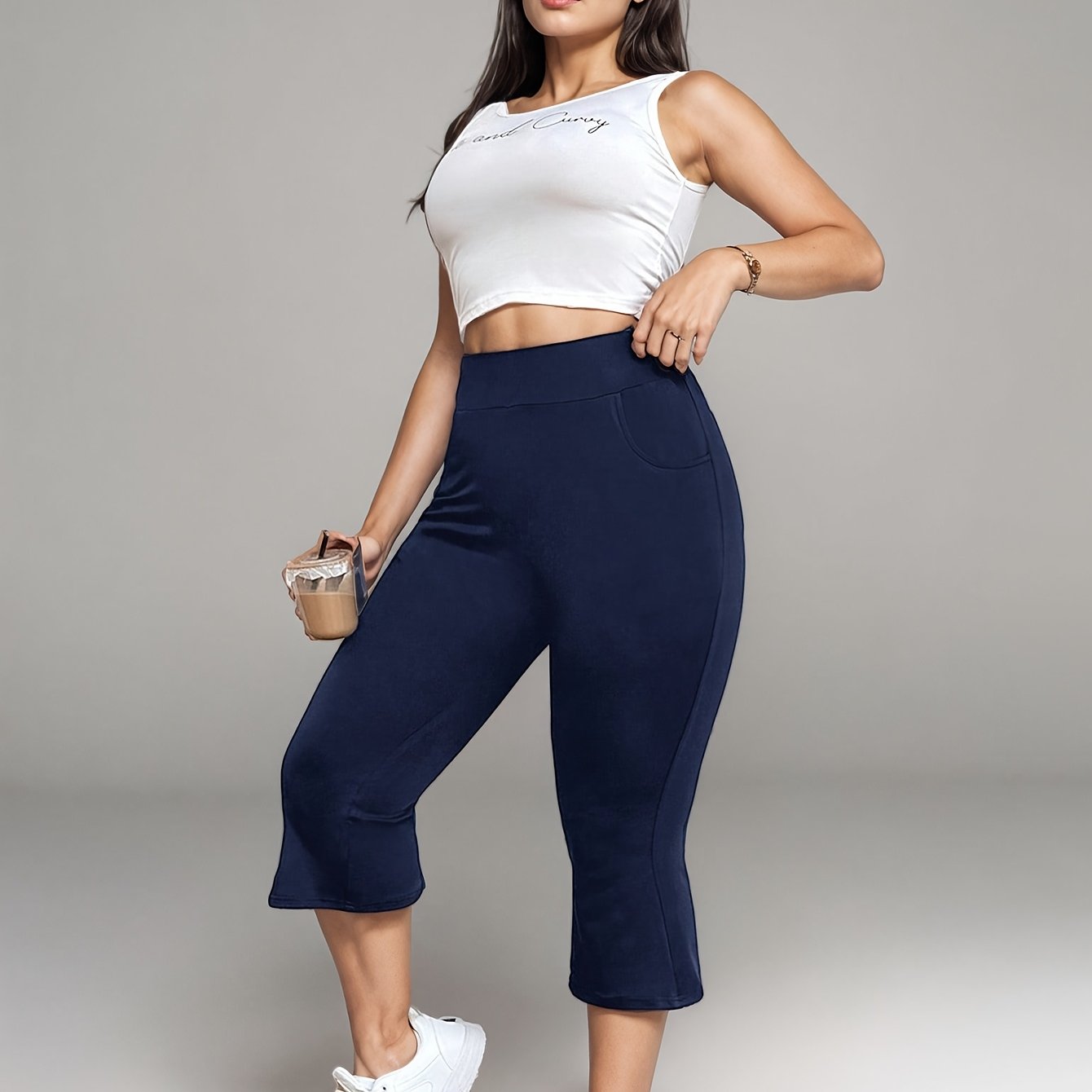 Women Plus Size High-Waist Flare Pants Stretch Fabric Pockets Blue 7/8