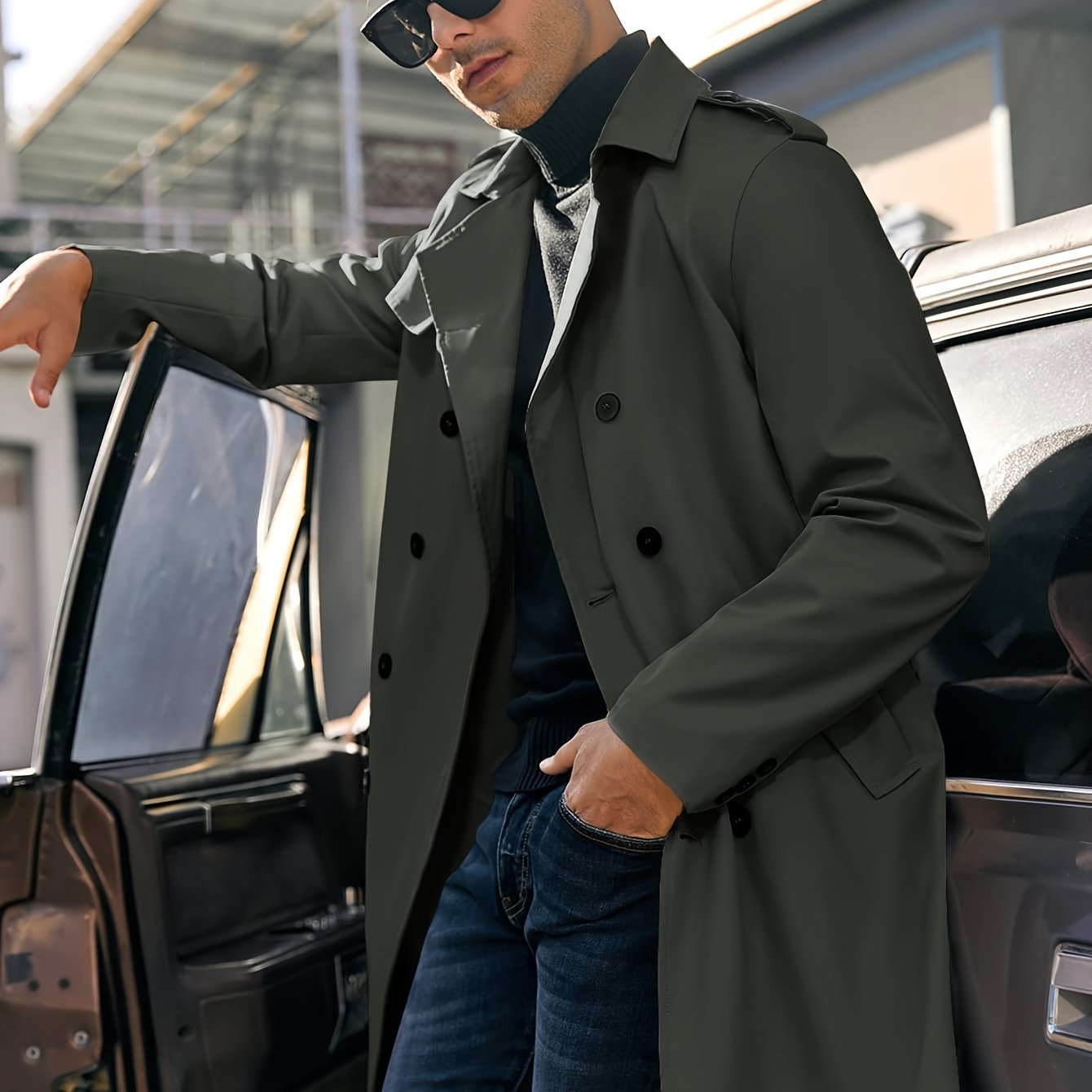 Erkaklar uchun Plus o'lchamli trenc coat, kundalik, bir rangli, kuz bahor, ikki tomonlama yengli, yelkanli