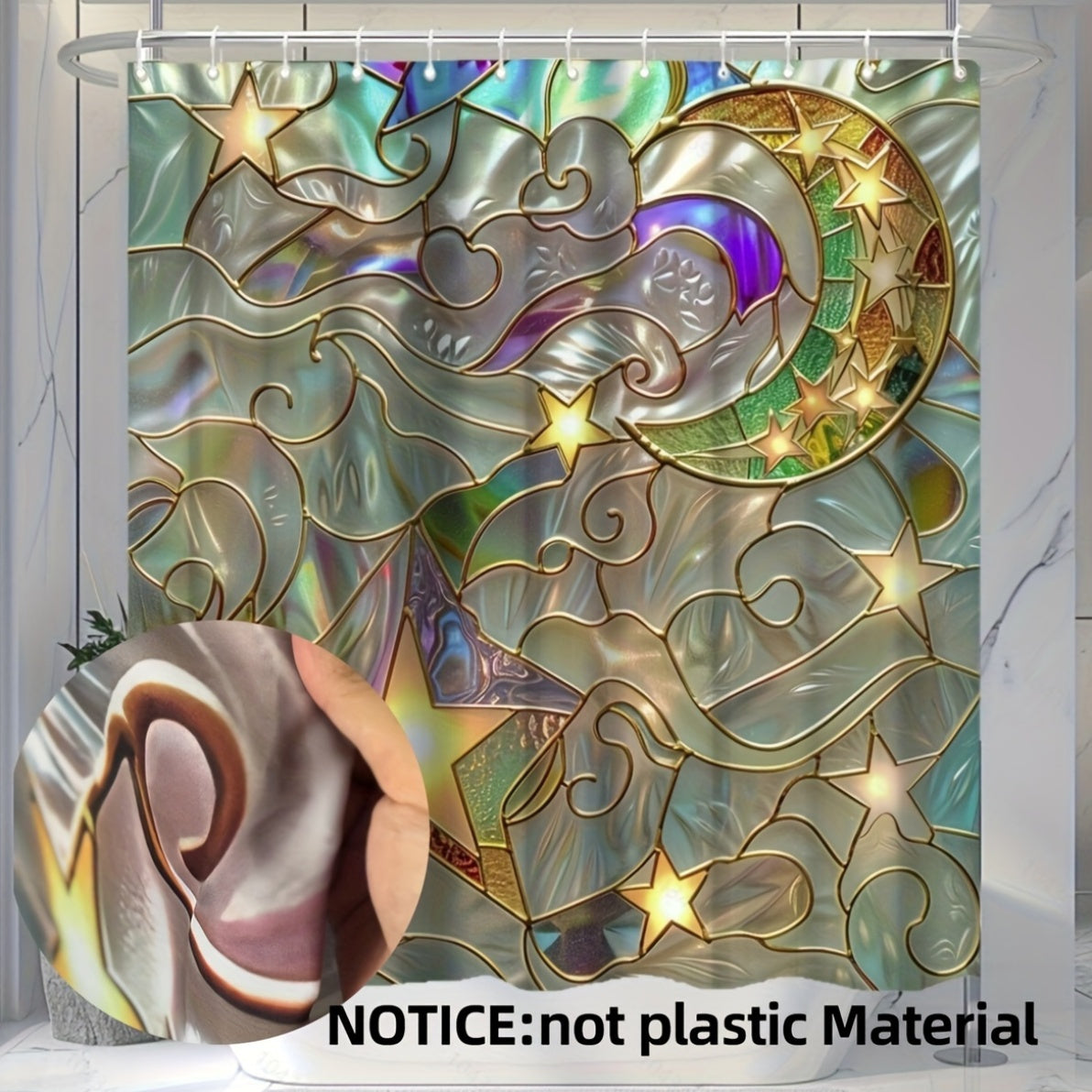 Colorful Star and Moon Pattern Shower Curtain Set with 12 Hooks Non-Slip Mat Toilet Seat Cover U-Shaped Mat for Home Decoration