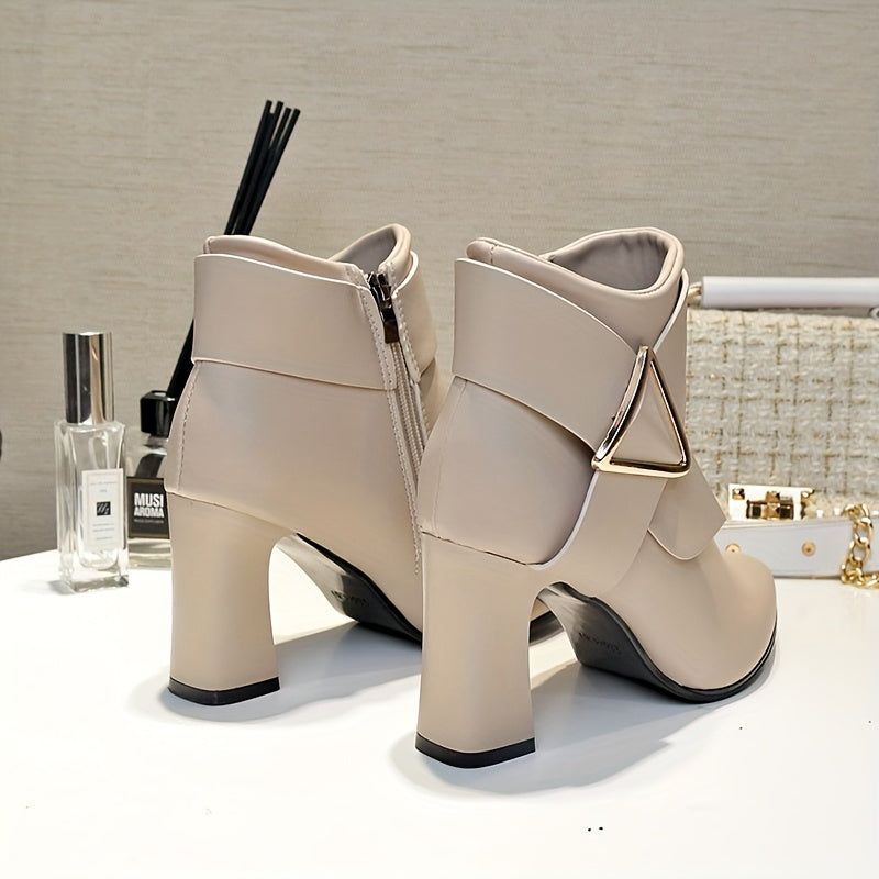 Women's Synthetic Ankle Boots with Chunky Heel Pointed Toe Beige