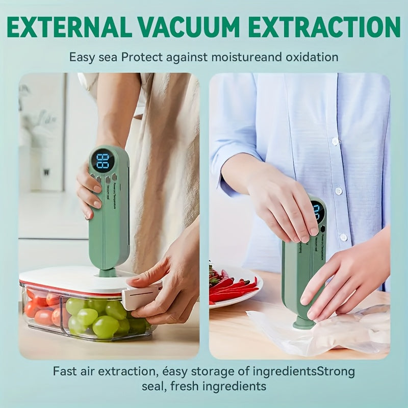 Kompakt JKUOO Portativ Oziq-ovqat Yopish Qurilmasi to'plami USB bilan qayta zaryadlanadigan, avtomatik atıştırmalık yopish tizimi bilan 20 ta fermuarlı sumka, 3 ta rulonli vakuum sumkalarini o'z ichiga oladi. Oshxona va tashqaridagi pikniklar uchun ideal.