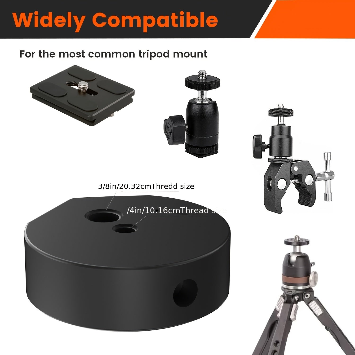 Adaptador de montaje en trípode de aleación de aluminio negro para uso en vehículo 1/4-20 y 3/8-20 roscado