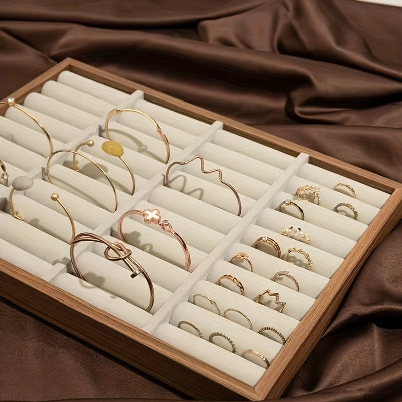 Деревянная витрина для украшений с мягкой подставкой для колец и большим лотком для хранения