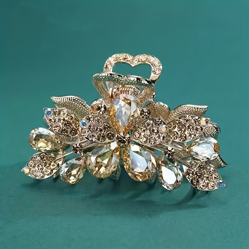 Large Rhinestone Flower Hair Claw Clip for Women, Secure Ponytail Holder
