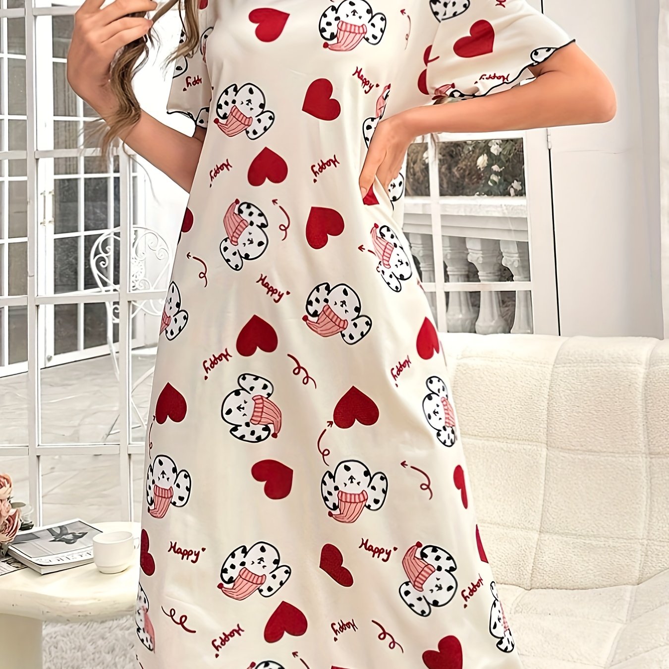 Women's Cozy Pajama Dress with Spotted Dog and Heart Print Short Sleeve Round Neck Soft Polyester Blend