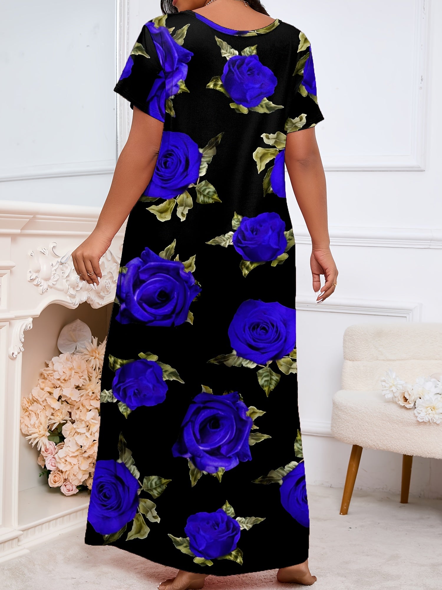 Plus Size Nightgown Polyester Knit V-Neck Short Sleeve Floral Sleepwear