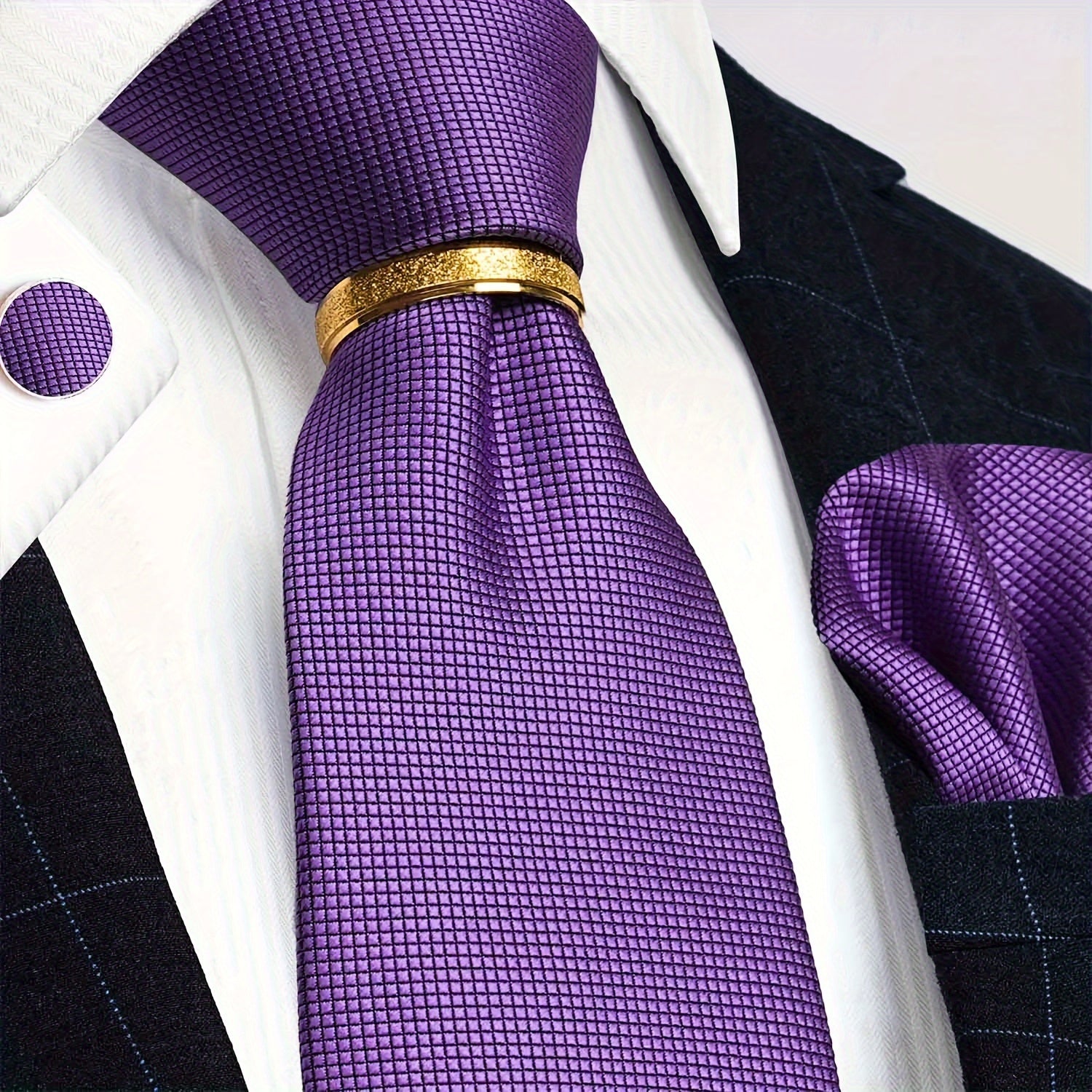 Men's 4-Piece Tie Set Necktie Pocket Square Cufflinks Gold Tie Clip for Weddings Groomsmen Business