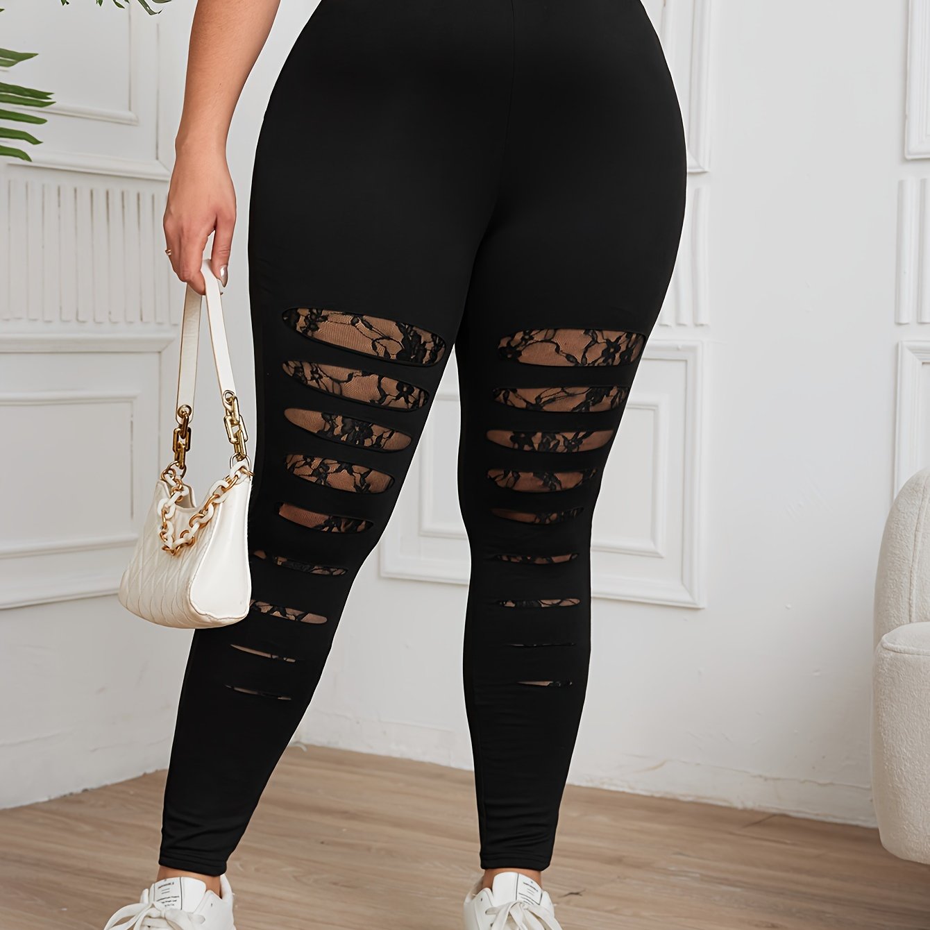 Plus Size Women's Blue Lace Trim High-Waisted Stretch Leggings