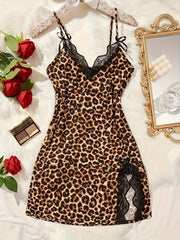 Camisón de noche con estampado de leopardo para mujer, poliéster, elastano, sin mangas, con encaje, ropa de dormir de verano