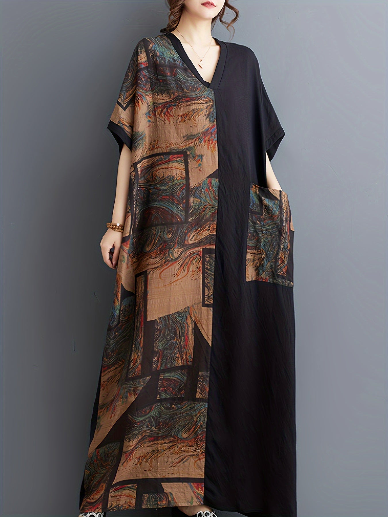 Bata casual de viscosa con parches y bolsillos para mujer en primavera, verano y otoño