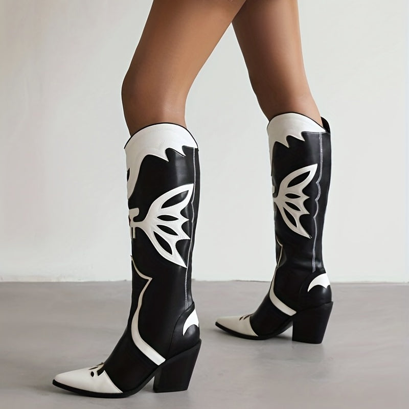 Women's Printed Chunky Heel Western Boots Pointed Toe Retro