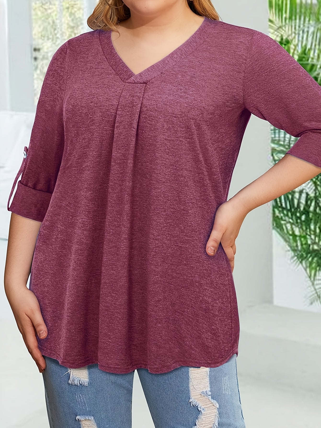 Plus Size Women's V-Neck Blouse 3/4 Sleeve Solid Color Casual Top