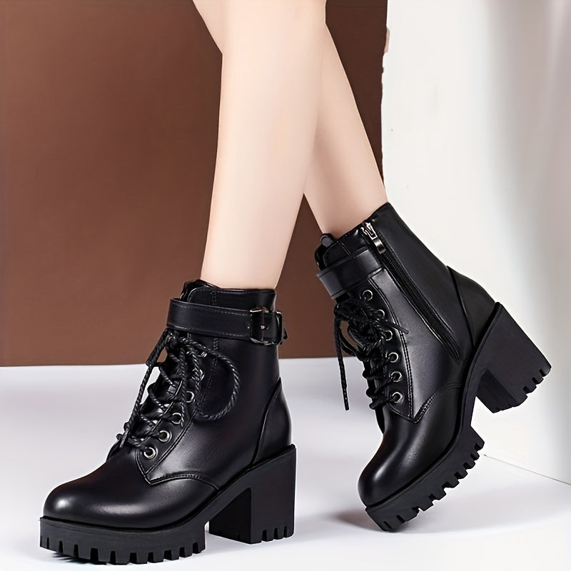 Women's Leather Chunky Heel Ankle Boots With Belt Buckle and Zipper