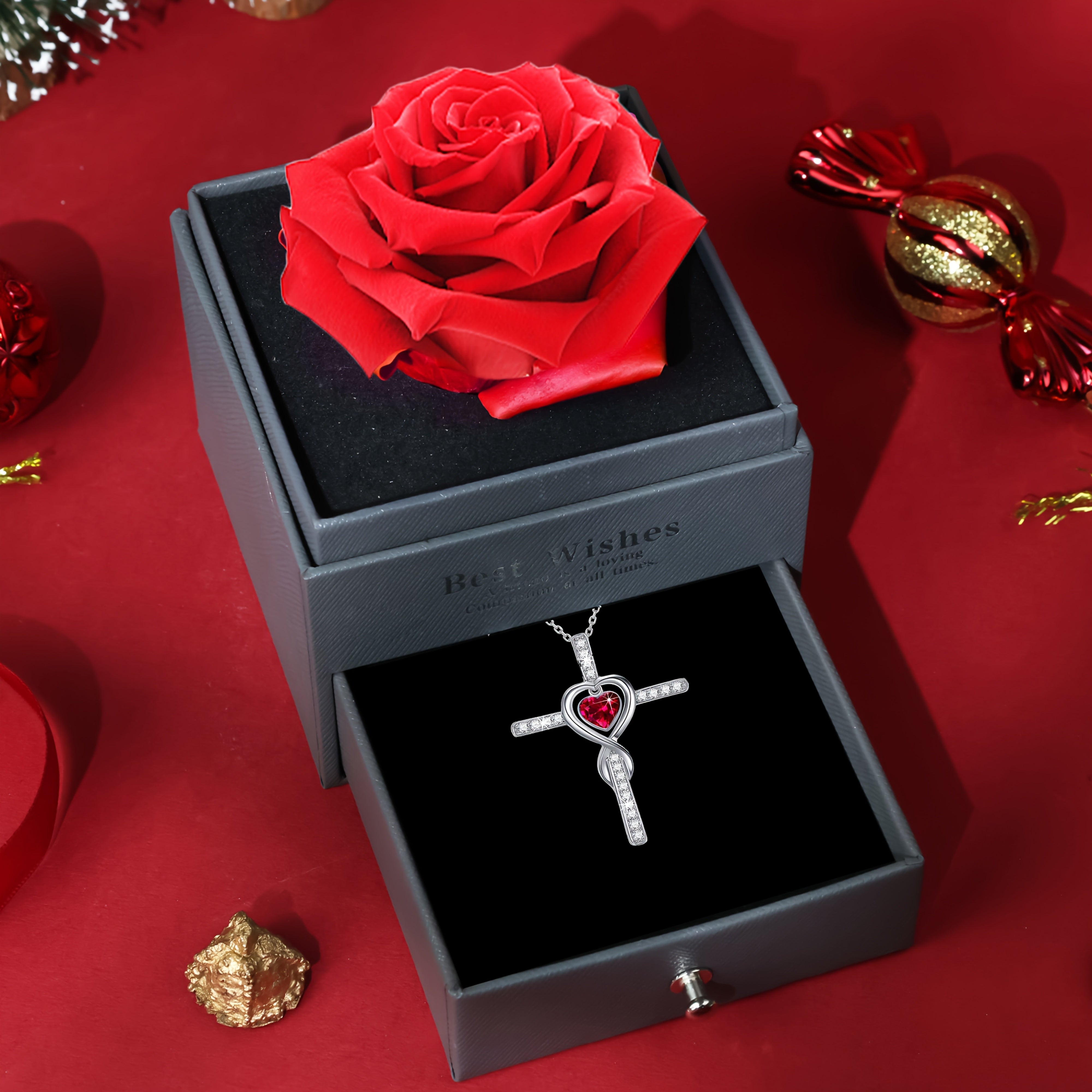 Heart-Shaped Cross Pendant Necklace Silver-Plated Copper Cubic Zirconia Gift for Women
