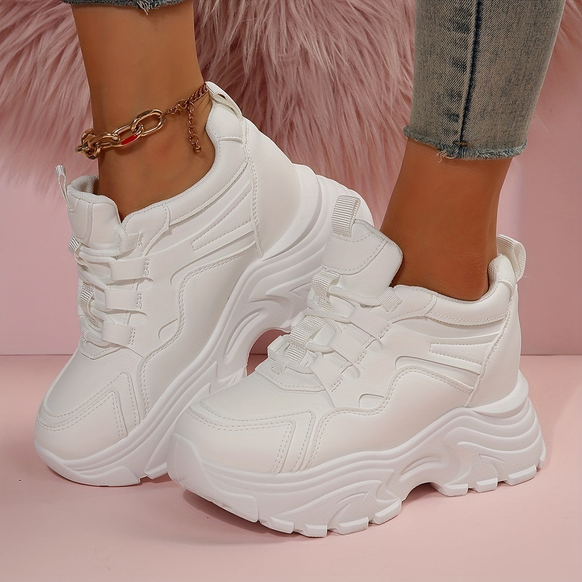 Women's White Platform Sneakers Casual Lace-Up Thick Sole All-Season