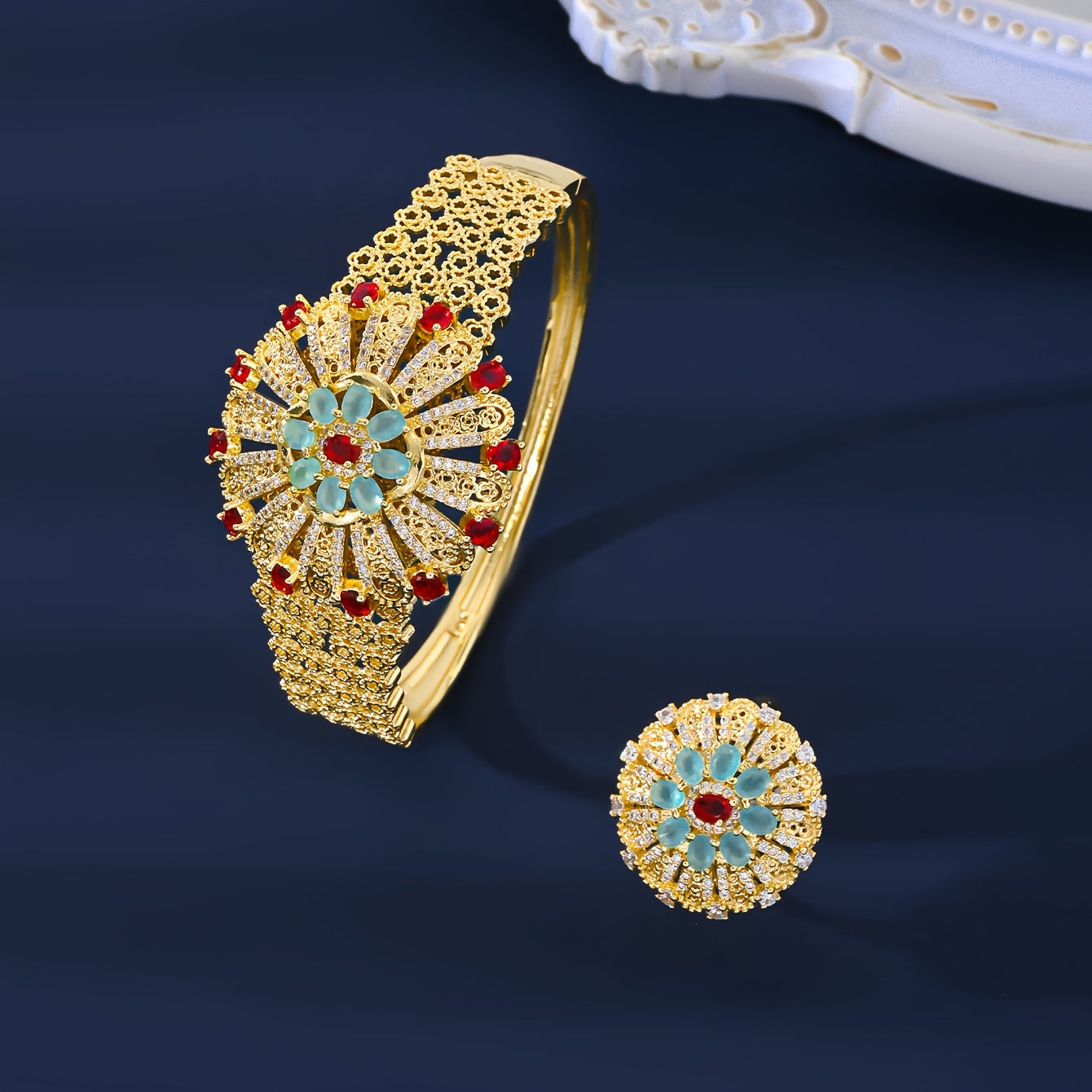 Vintage Arabian Style Jewelry Set with Earrings Necklace Bracelet Ring 18K Gold Plated Synthetic Cubic Zirconia