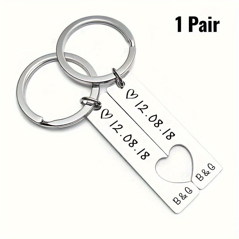 Personalized Stainless Steel Couple Keychains with Date for Anniversary or Birthday