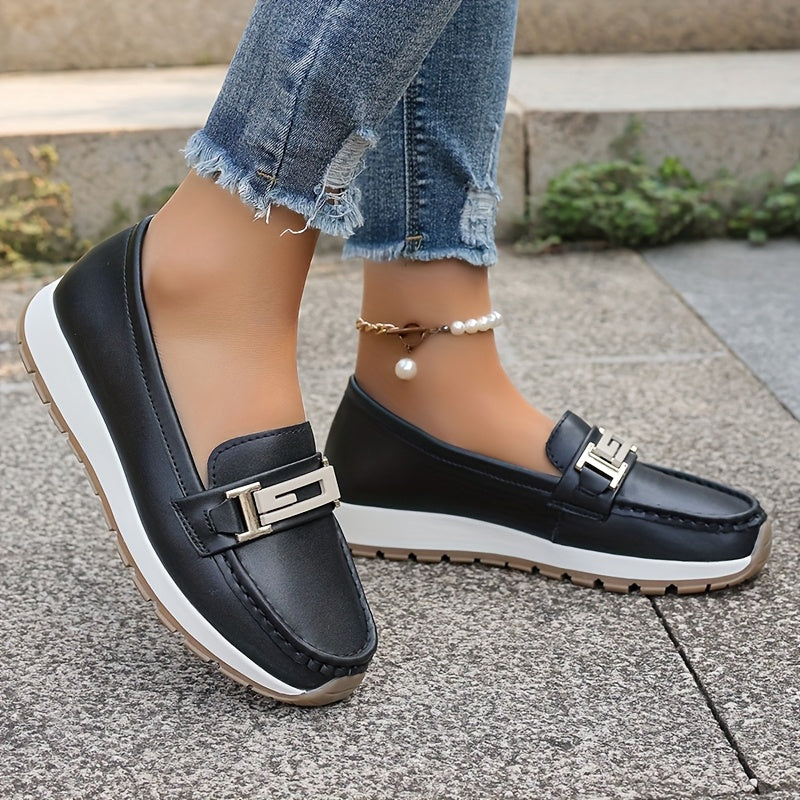 Women Loafers with Metal Buckle Slip-On Flats Non-Slip Casual Shoes