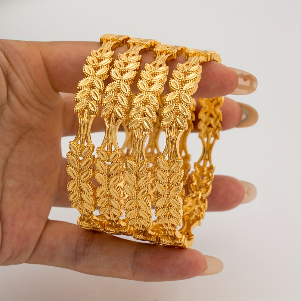 Women’s Gold Bangle Set 4-Piece Leaf Pattern Alloy Jewelry for Weddings