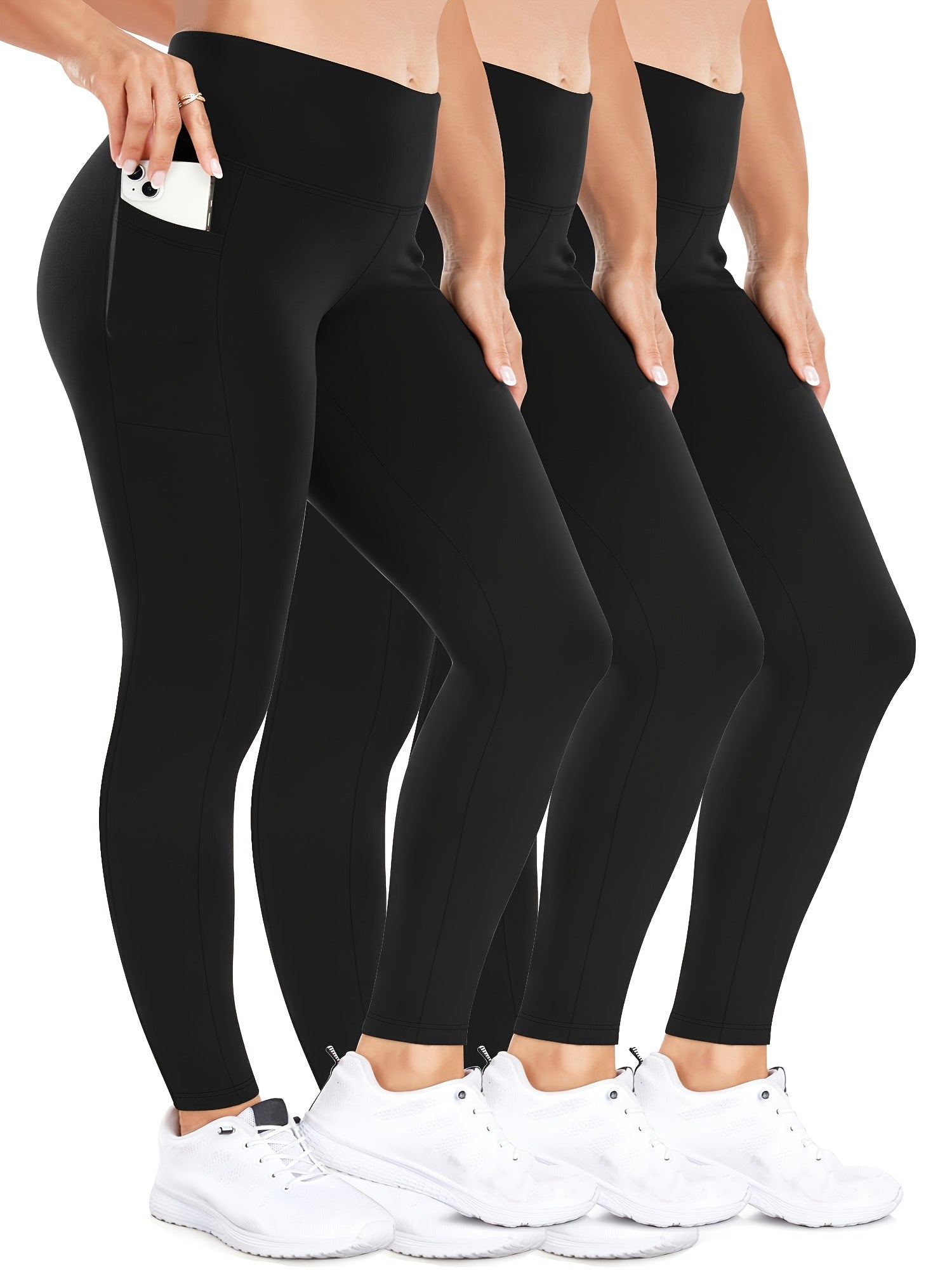 Women's Black High-Waisted Plus Size Yoga Leggings 3 Pack with Pockets
