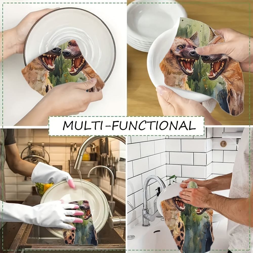 Set of 2 Ultra Soft Kitchen Towels Watercolor Hyenas 40x60cm Absorbent Dish Towels