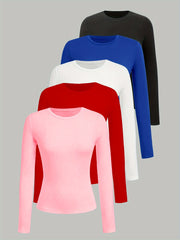 Women's Plus Size Long Sleeve T-Shirts Soft Stretch Casual Round Neck Tops Pack of 5