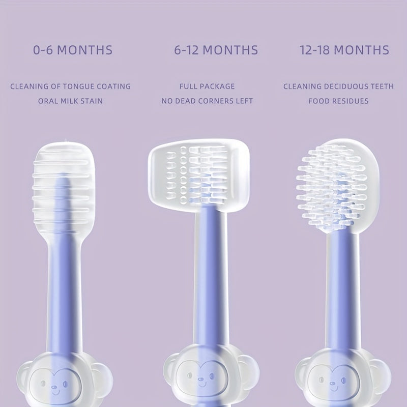 Set of 3 Soft Silicone Kids Toothbrushes with Tongue Cleaner for Ages 1 and Up