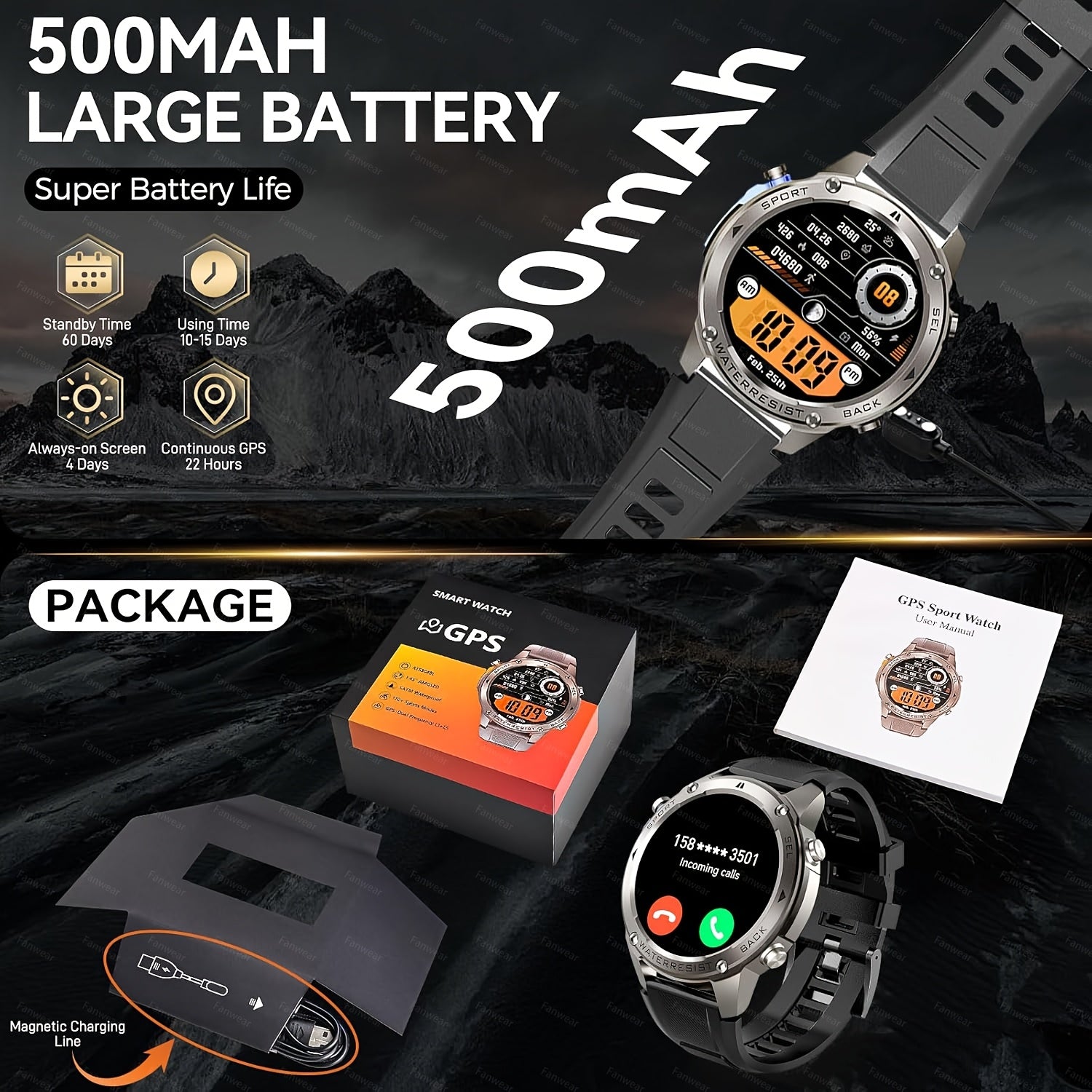 GPS Smart Watch for Outdoor Enthusiasts with Compass Altitude Swimming and Sports Modes