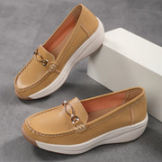 Women's Faux Leather French-Style Loafers with Metallic Buckle Beige