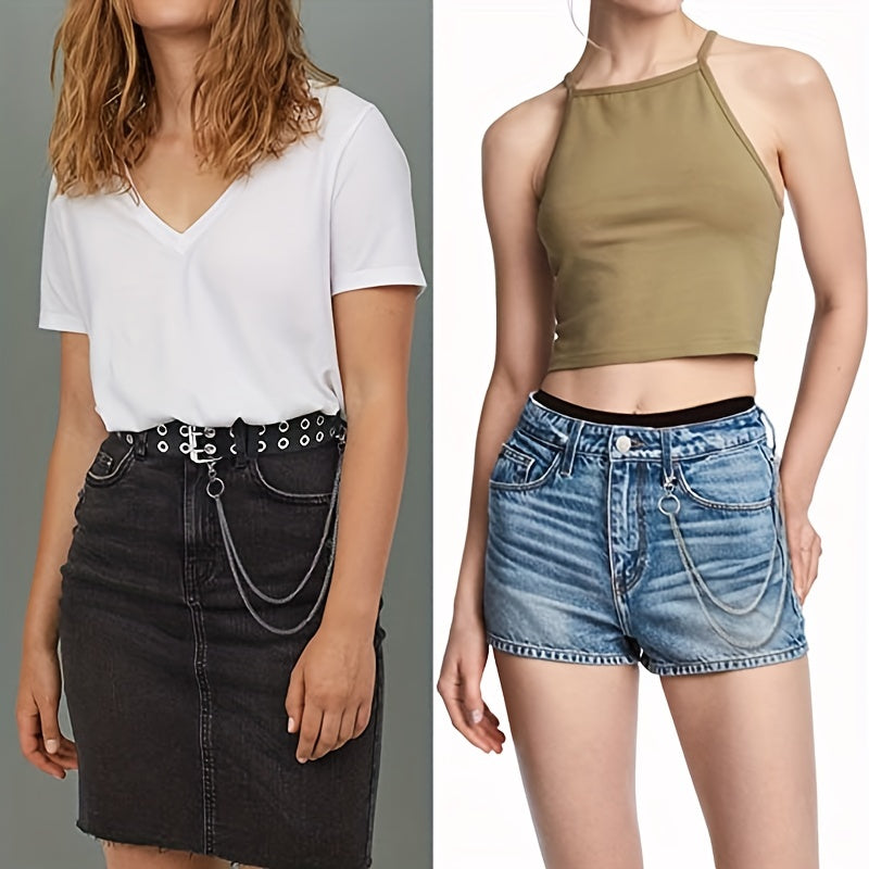 Unisex Black PU Leather Waistband with Double Pin Buckle and Eyelet Details for Punk Style