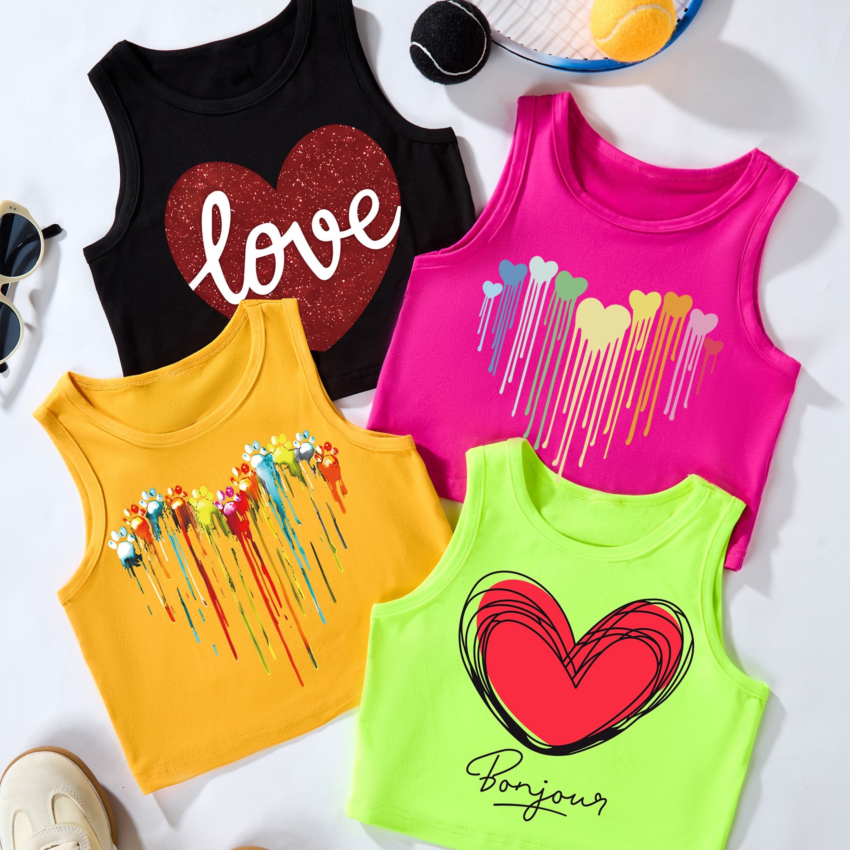 Girls' Blue Heart Print Tank Top Set Multicolor Polyester Elastane Summer Casual