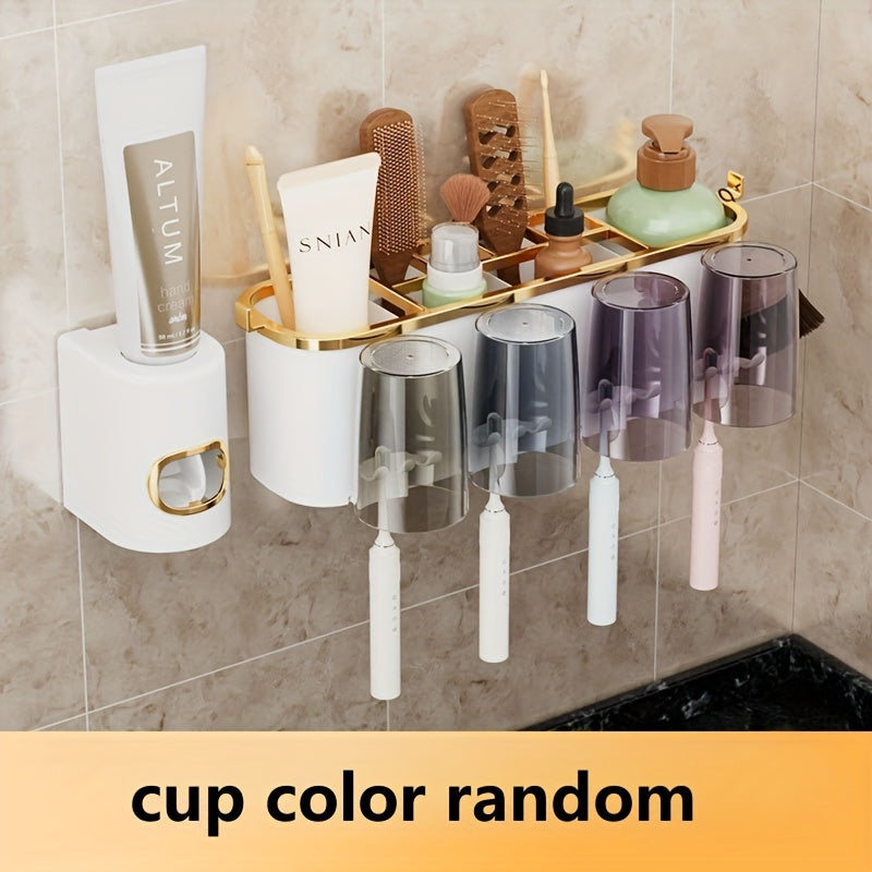 RV Wall-Mounted Bathroom Organizer Set with Automatic Toothpaste Dispenser and Multi-Color Cups