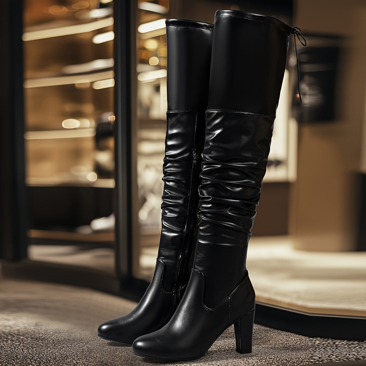 Ayollar uchun o'rtacha yuqori qadamli botlar, bir rangli, bodom barmoqli, blok poyabzal