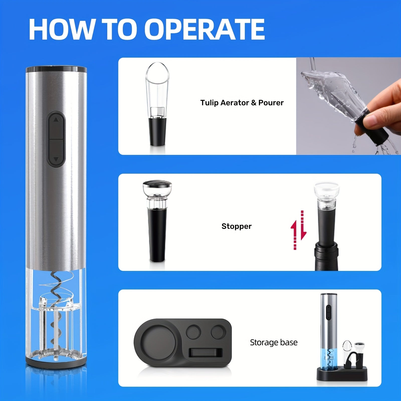 5-in-1 Elektrik vino ochgich to'plami, qizil vino quyish va saqlash bazasi bilan