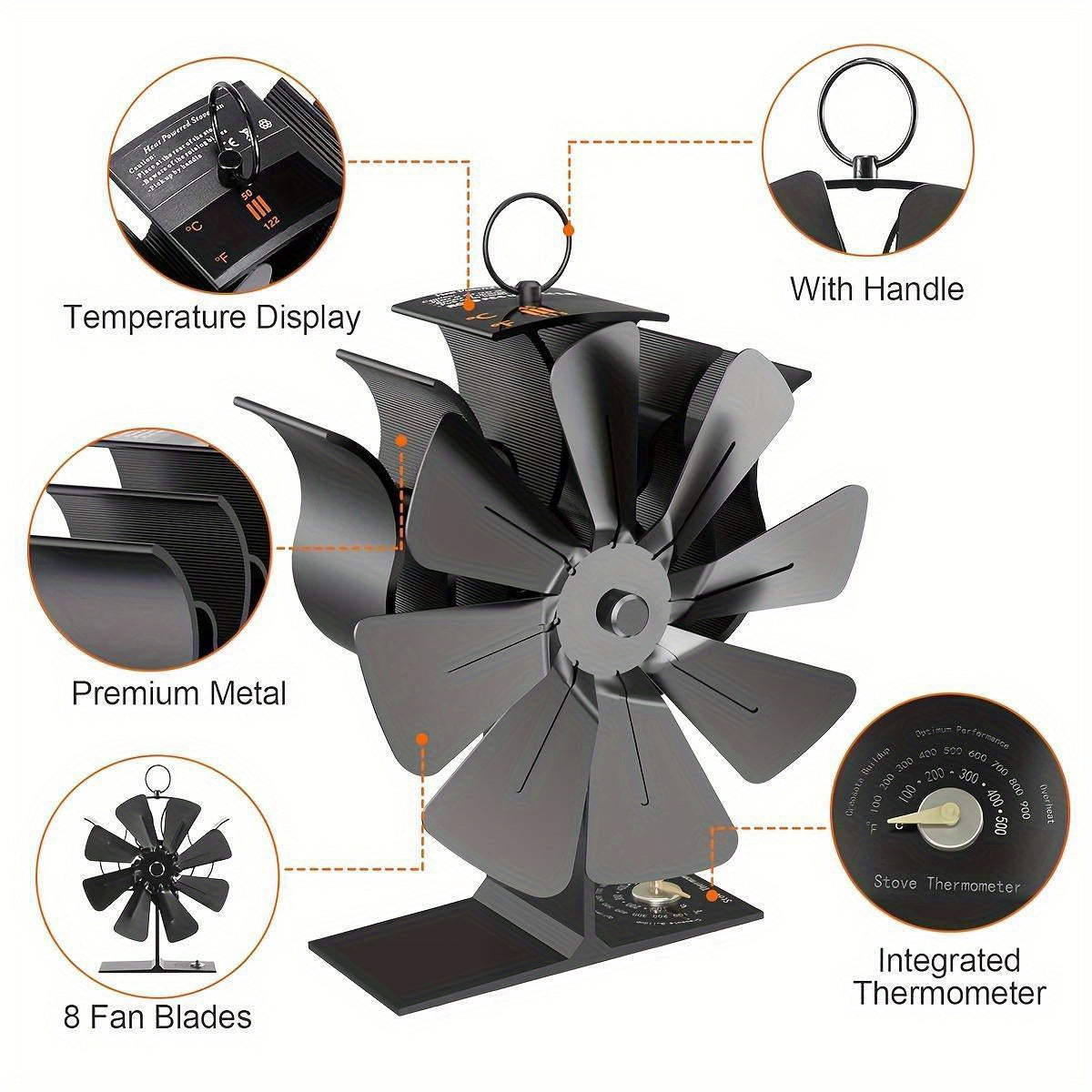 High-Efficiency 8-Blade Fireplace Fan with Built-In Thermometer Black for Wood Stoves