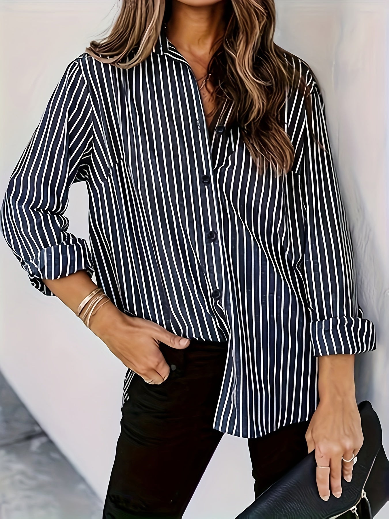 Women's Long Sleeve Striped Button-Up Shirt with Chest Pocket