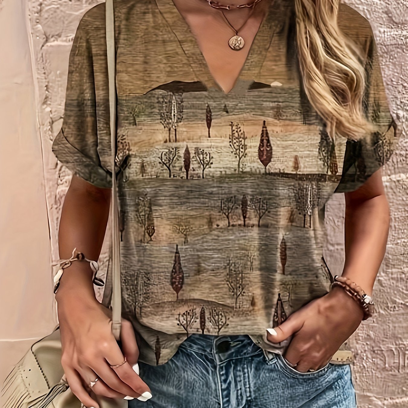 Plus Size Boho Chic V-Neck T-Shirt for Women Ethnic Print Summer Casual Knit Polyester Spandex