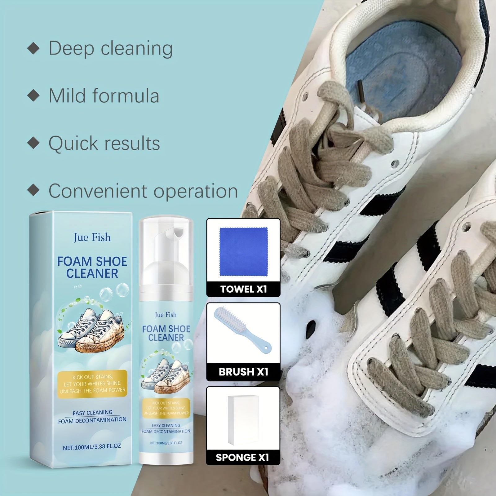 100ml Shoe Cleaner Kit for Sports and White Sneakers with Brush Towel Sponge