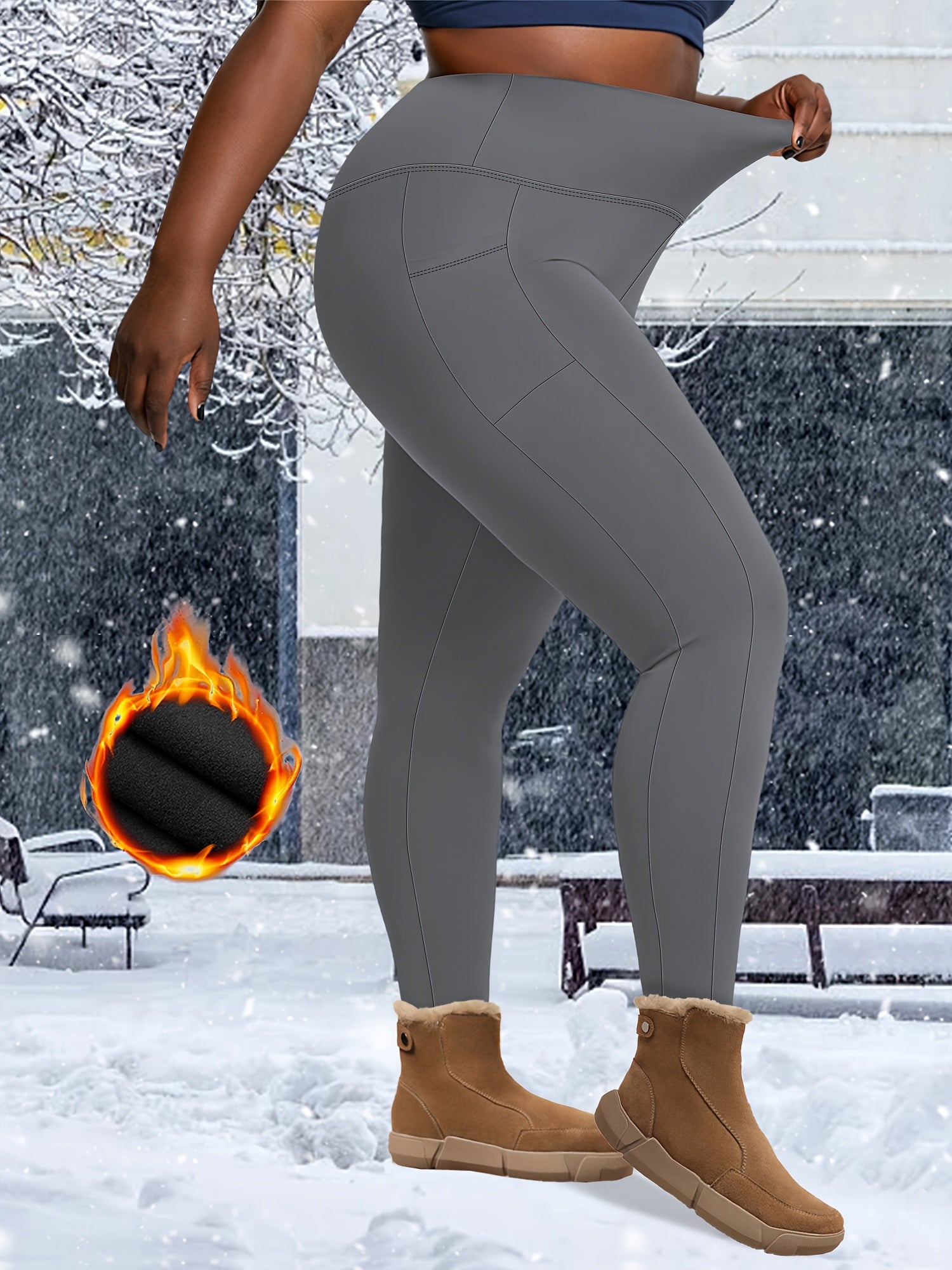 Plus Size Women's Fleece Lined Yoga Leggings Set with Phone Pockets