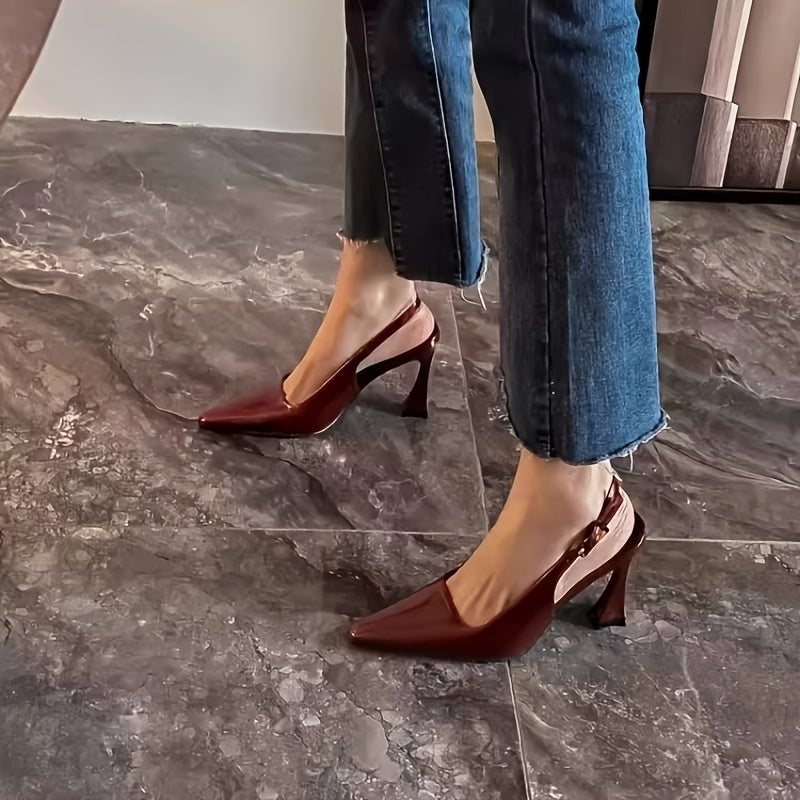 Women's Black Pointed Toe High Heels Glossy Finish Chunky Heel Dress Shoes