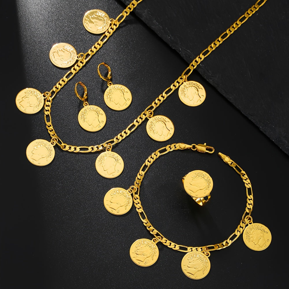 Vintage Boho Gold Plated Jewelry Set with Necklace Earrings and Bracelet