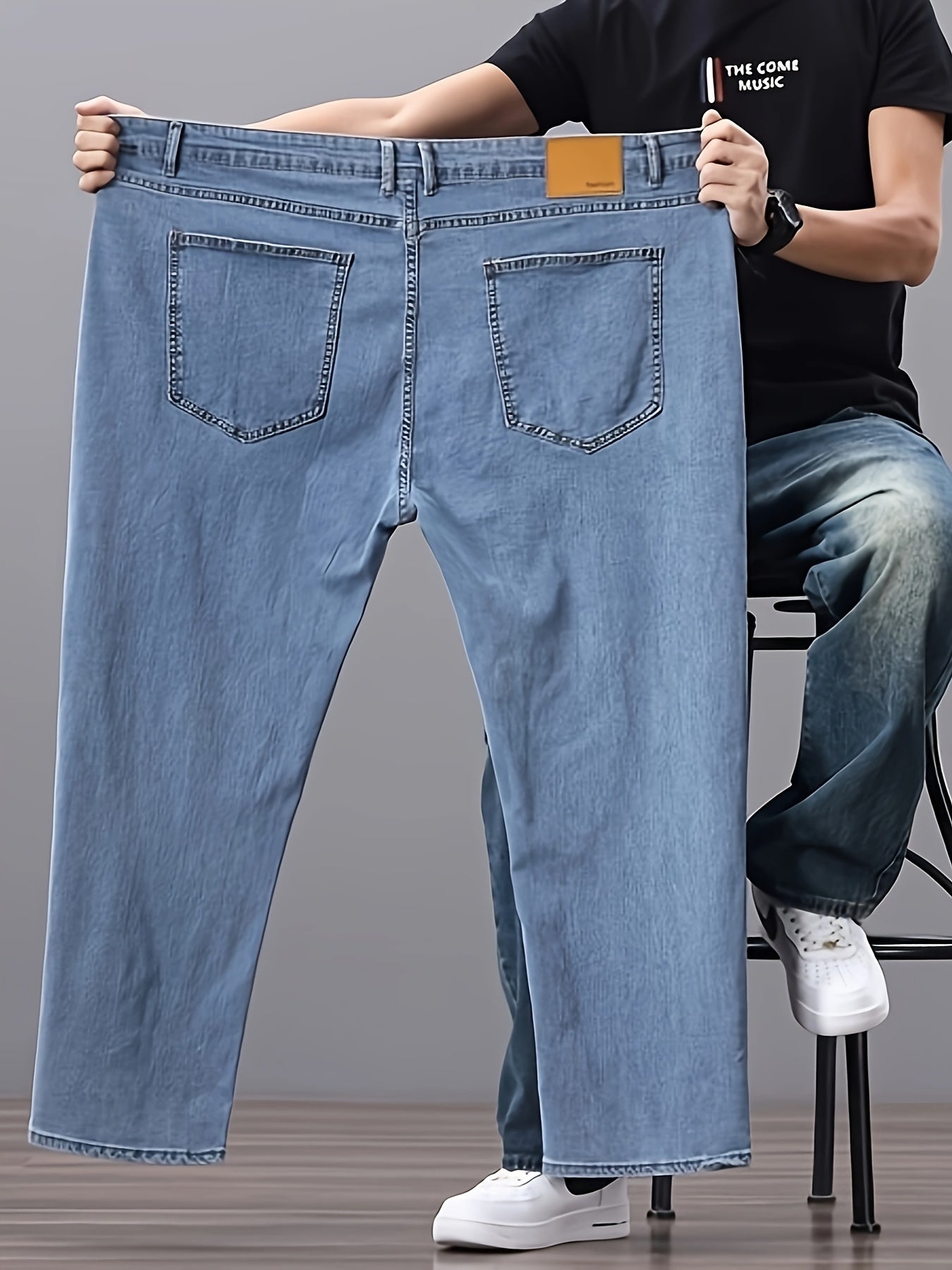 Men's High-Waisted Stretch Denim Jeans Regular Fit Straight Leg Solid Color