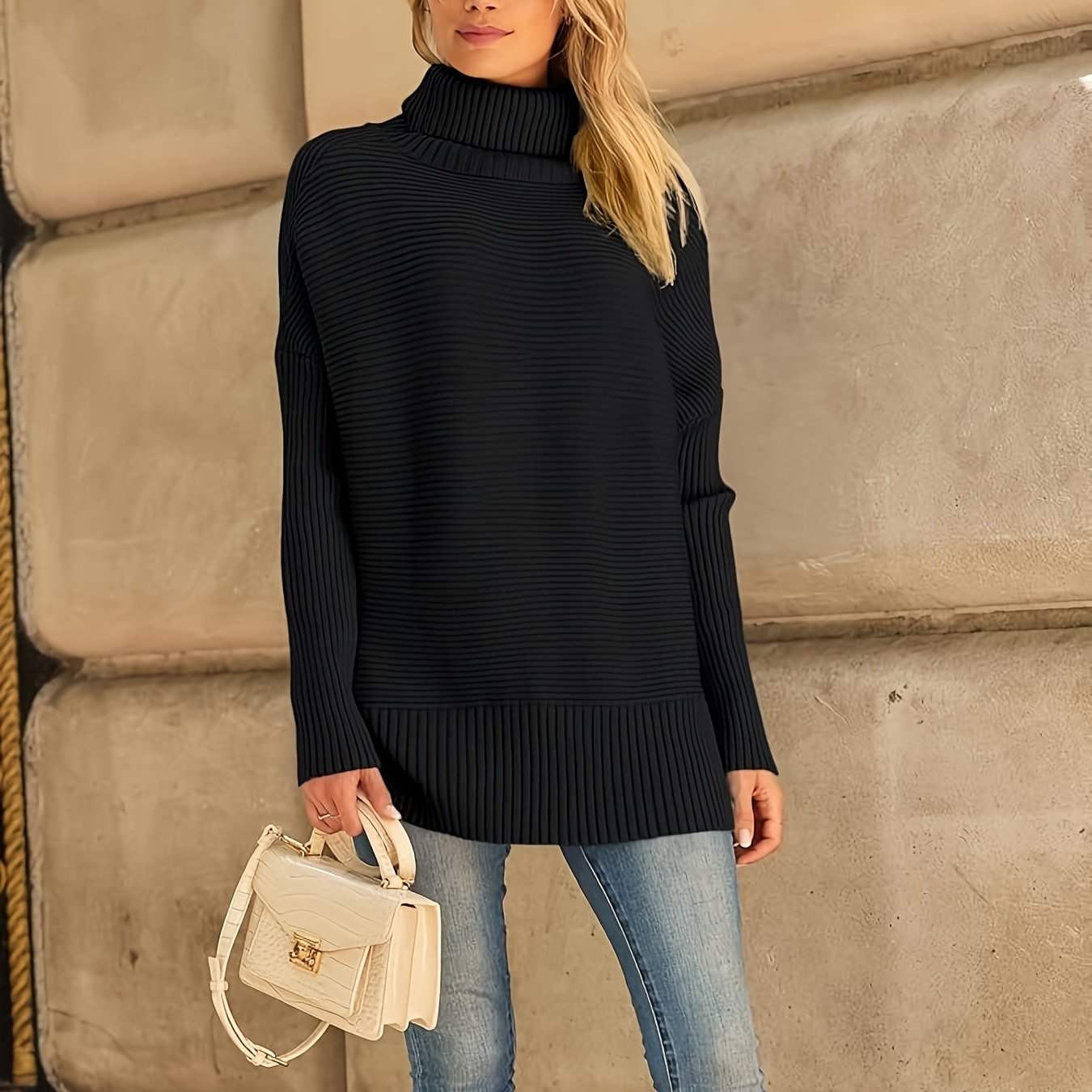 Women's Oversized Turtleneck Sweater Black Loose Fit Fall Winter Pullover
