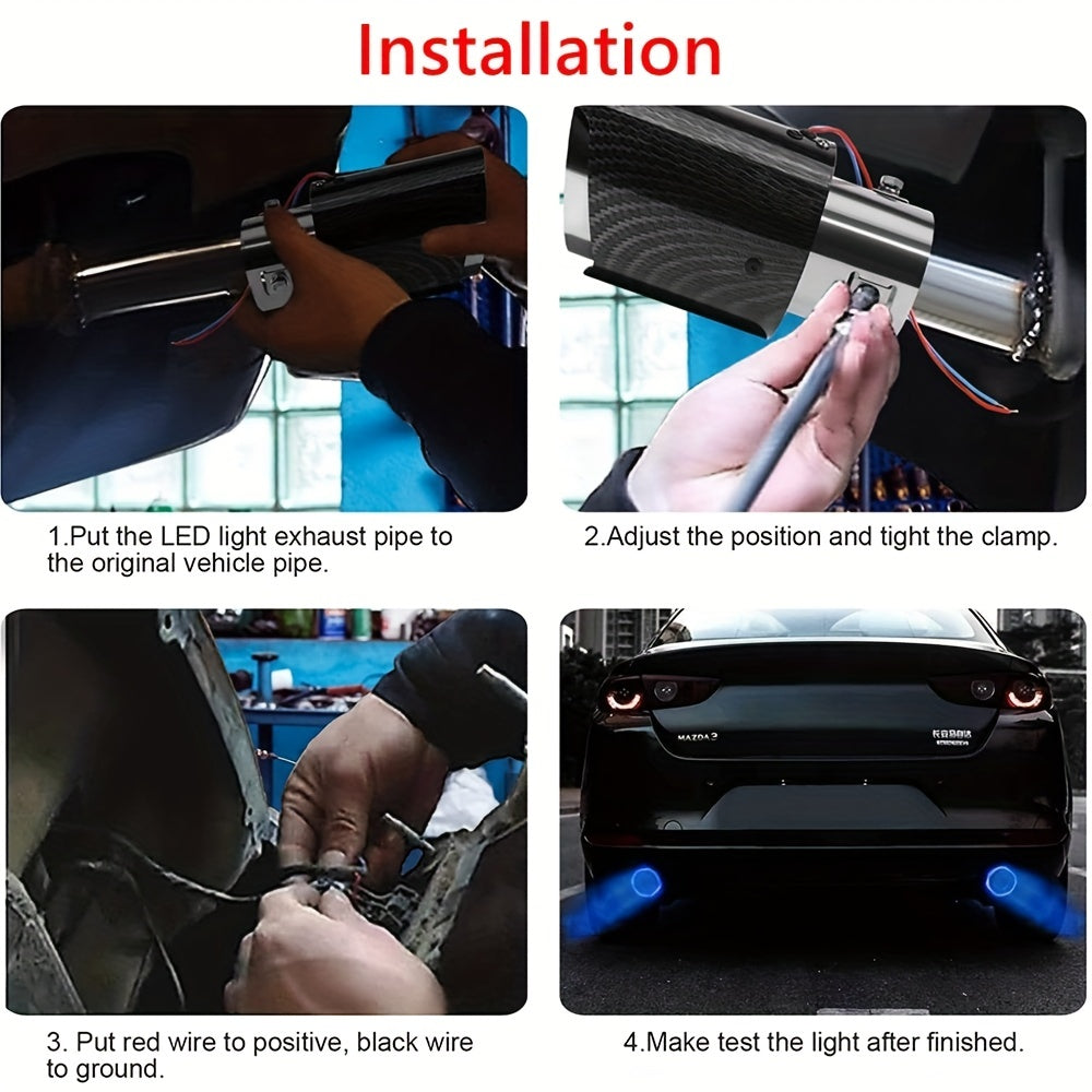 Punta de escape de fibra de carbono con luces LED, acero inoxidable, ajuste universal para coches y camiones
