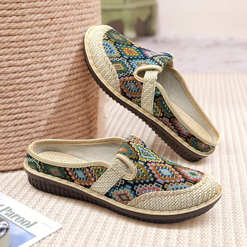 Women's Breathable Fabric Mules with Platform Heel and Embroidered Geometric Pattern