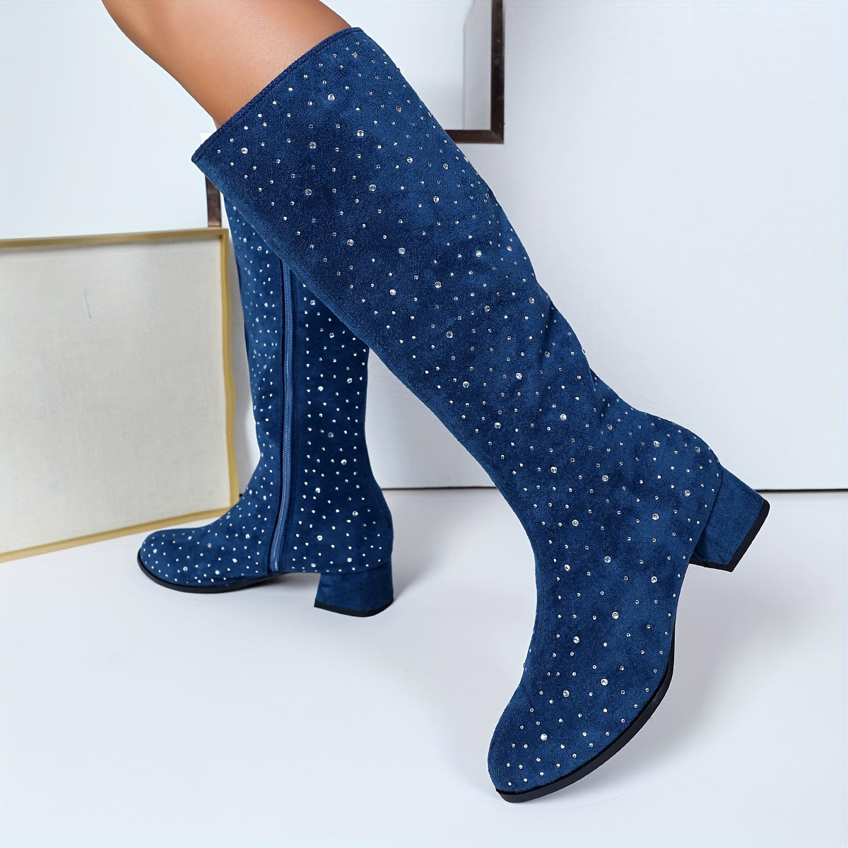 Women's Mid-Calf Rhinestone Boots with Zippered Low Block Heel Black