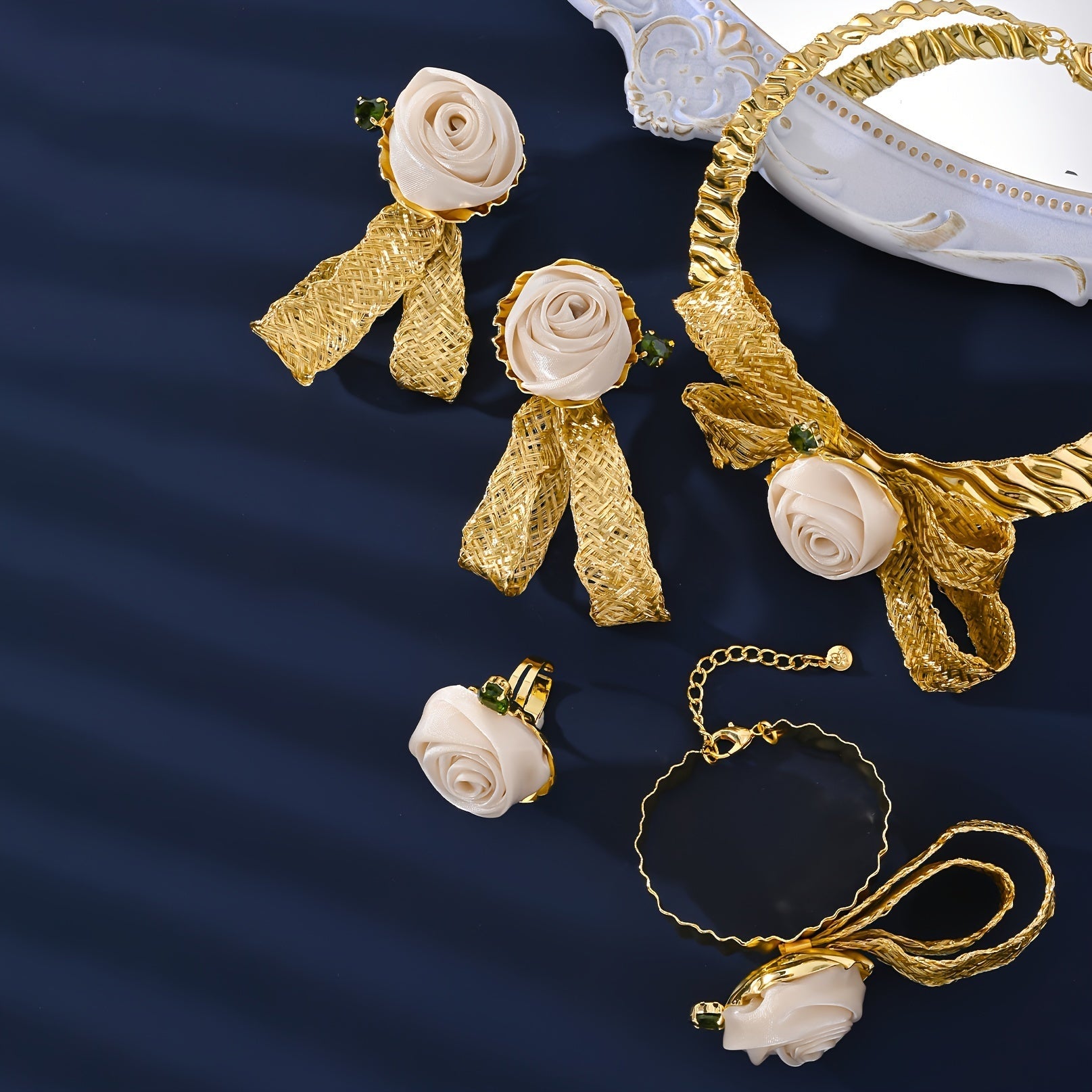 Women's Middle Eastern Gold Tone Jewelry Set with Rose Necklace Earrings and Ring