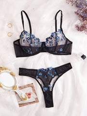Women's Semi-Sheer Floral Embroidered Lingerie Set Bra and Thong