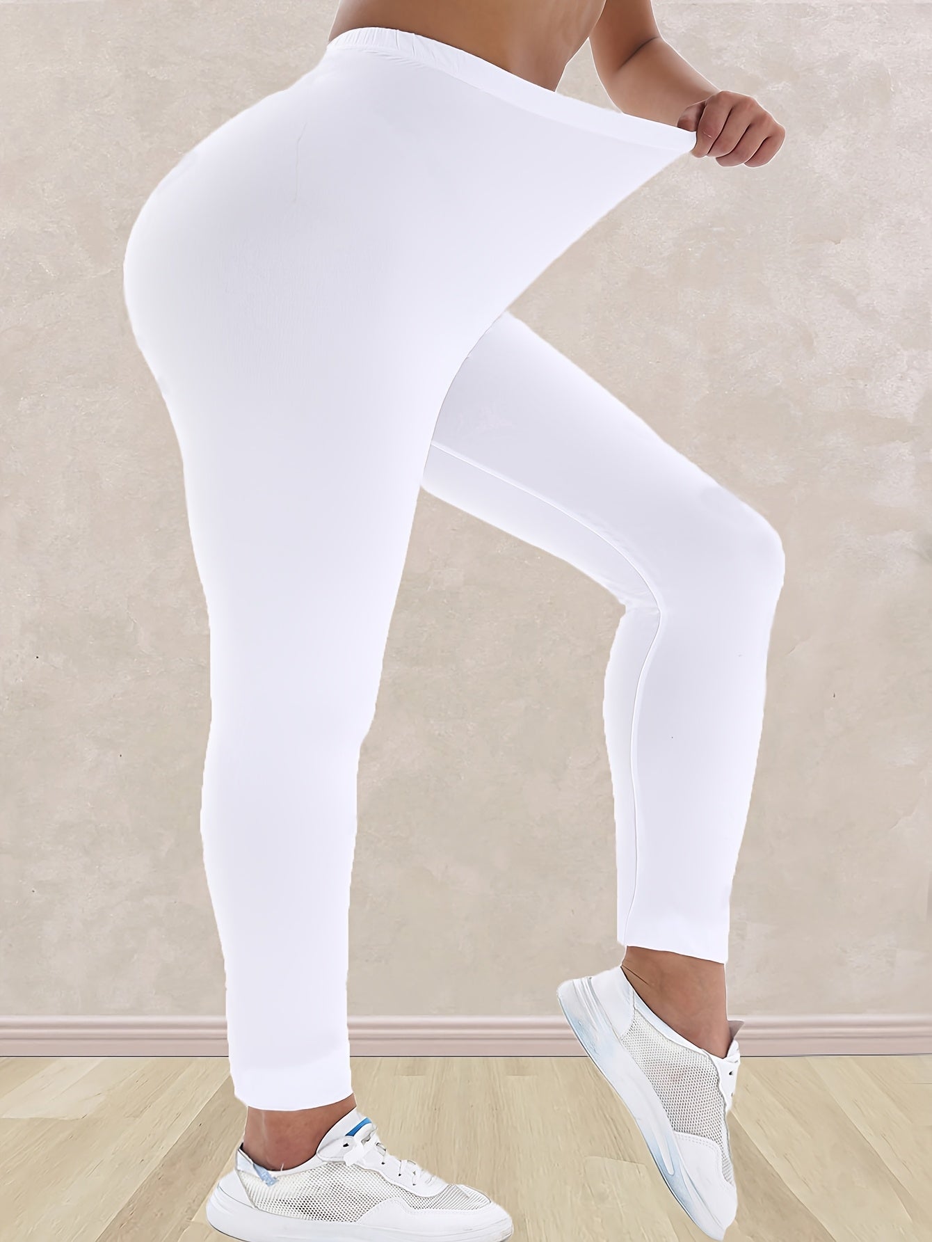 Plus Size Women's High-Waisted Leggings Solid Black 7/8 Length All-Season