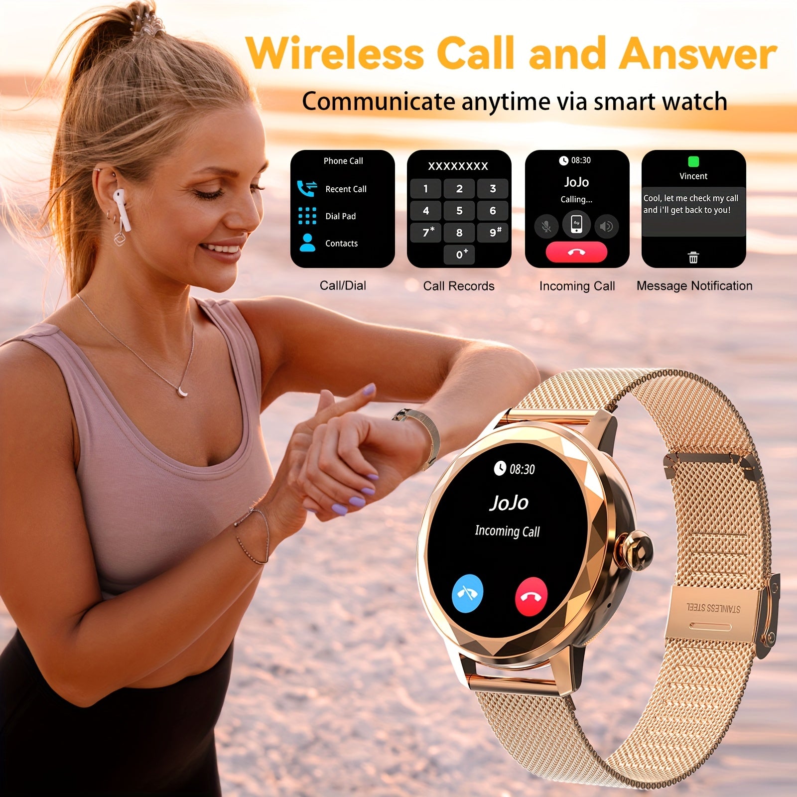 Women's Smart Watch with Call Function Sedentary Reminder Weather Display and Calorie Tracker Silicone Band Compatible with Android and iPhone